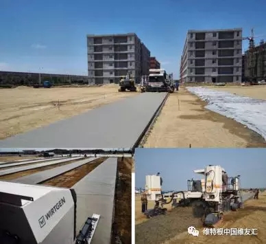 上：攤鋪完的廠房地坪混凝土板；下左：安裝在機身后部伸長臂上的超級抹平器，對混凝土表面進行進一步修復和處理；下右：一臺 SP 25 滑模攤鋪機即可整合所有傳統(tǒng)施工步驟，實現(xiàn)同步一體化作業(yè)